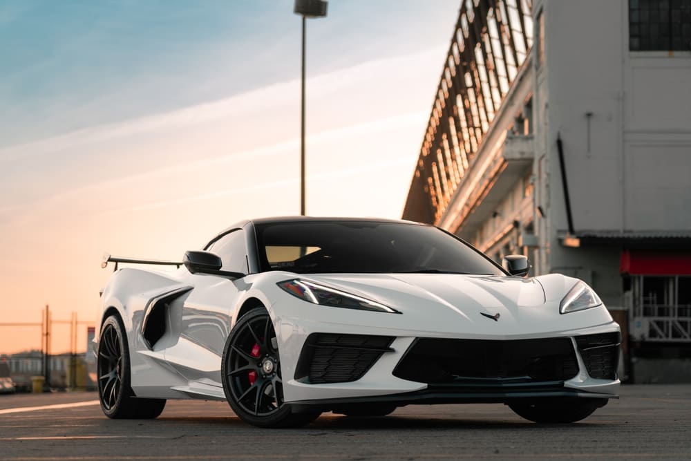 White Corvette in the sunset